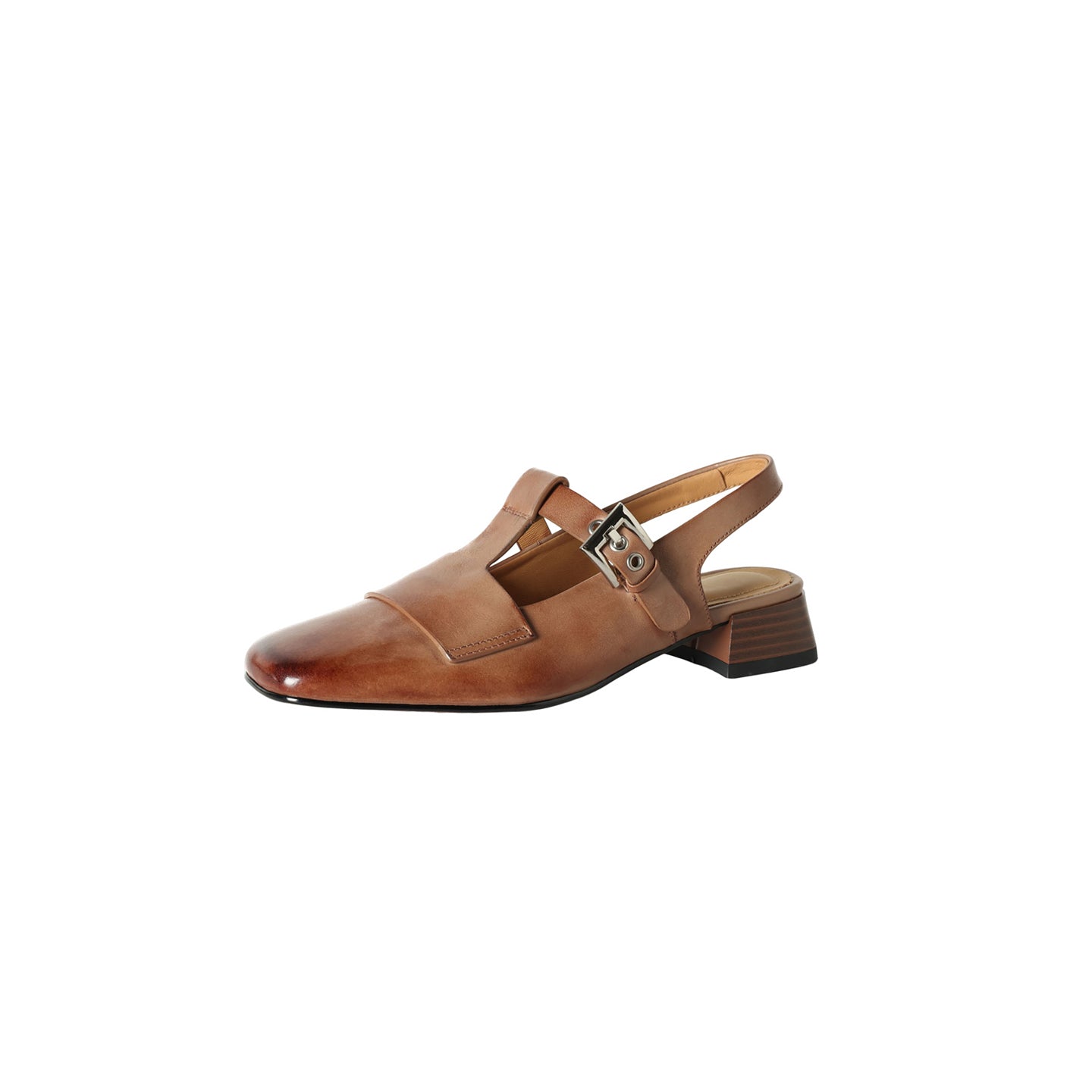 Brown sandal with a strap and buckle on a white background