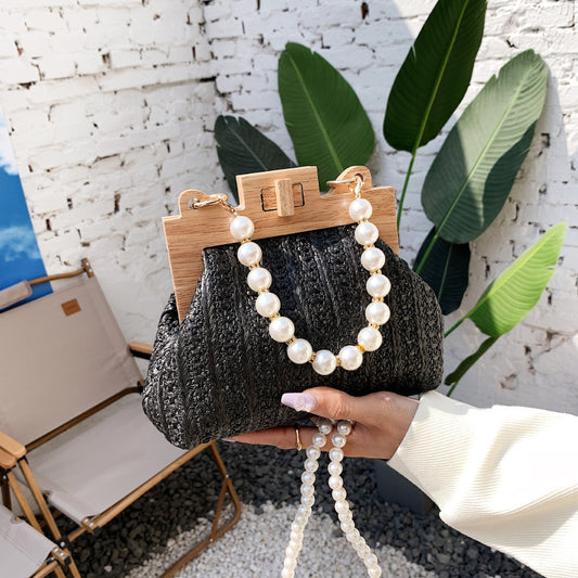 Fashion Simple Straw Pearl Chain Handbag - Street Trend Crossbody Bag