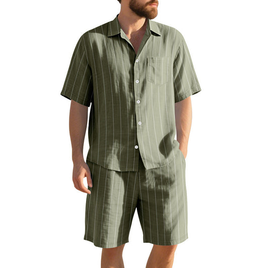 Man wearing a green pinstripe shirt and shorts set on a white background