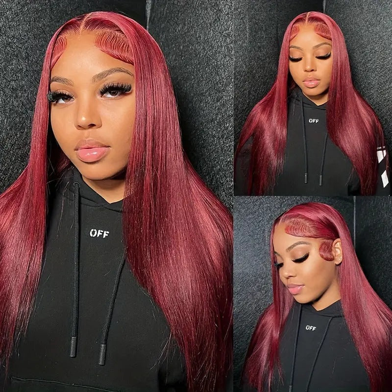 Women's Wine Red Straight Front Lace Straight Hair Wig - Adult Exotic Style