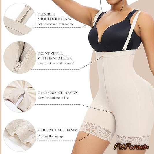 Woman wearing a beige shapewear garment with features highlighted on a white background.