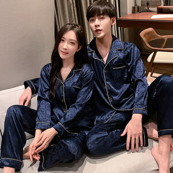 Couple Ice Silk Pajamas Women's Summer Artificial Silk Pajamas Men's Spring And Autumn Thin Plus-sized Size Homewear Suit
