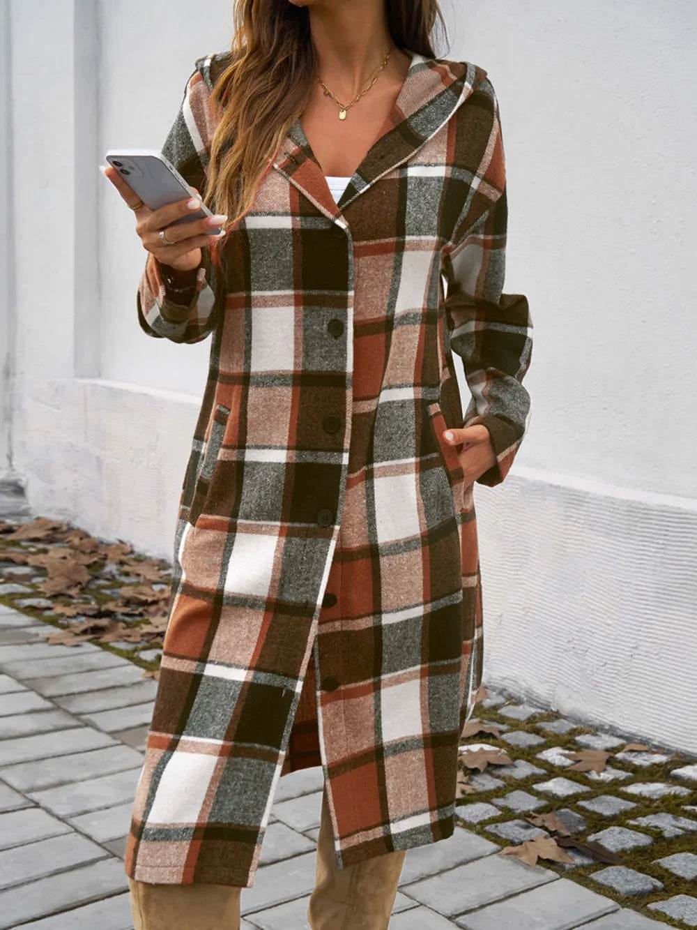 Devine Plaid Long Sleeve Hooded Coat - Millivan supplies