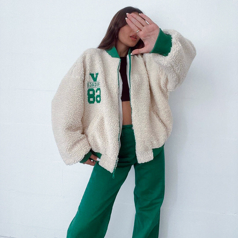 Women's New Letter Embroidered Loose Casual Lamb Wool Jacket - Adult Fashion Outerwear