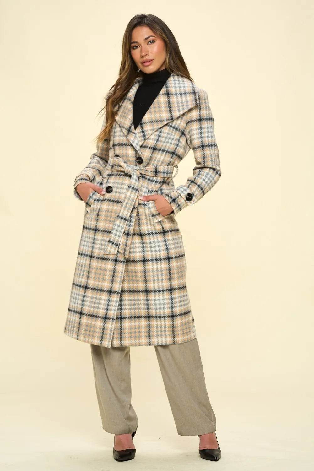 Coalition LA Double-Breasted Plaid Coat with Belt - Millivan supplies