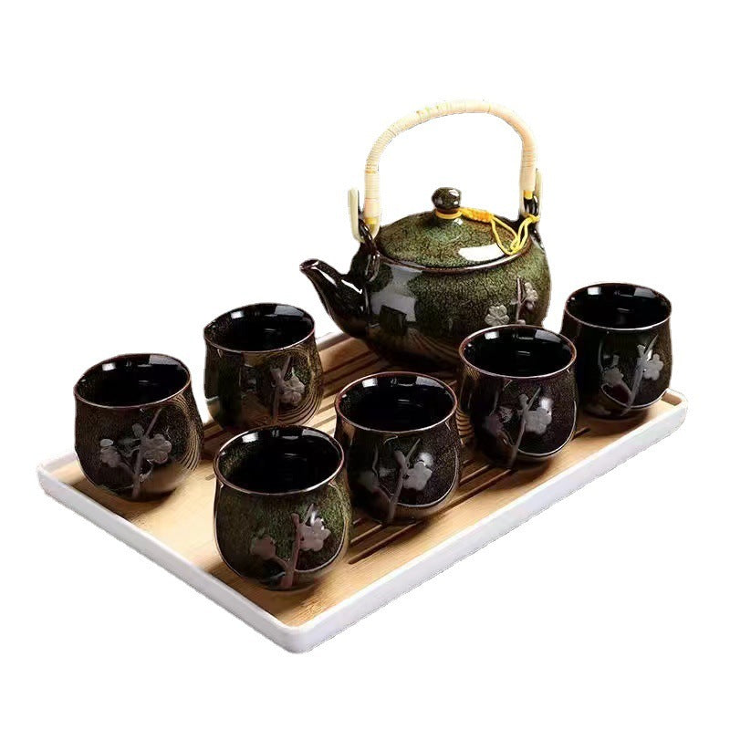 Simple Hand-painted Gold Large Teapot Ceramic - Kung Fu Tea Set Porcelain with Bamboo Tray