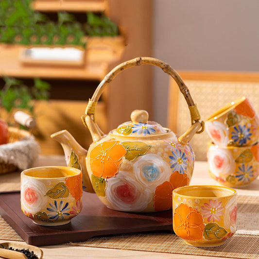 Elegant Lifting Handle Household Ceramic Underglaze Teapot Suit Hand Painted Good-looking Retro Water Glass - Orange