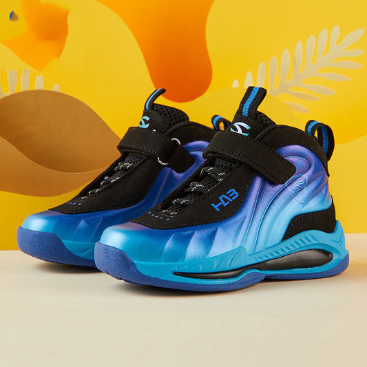 Blue and black sneakers with 'H3' branding on a colorful background