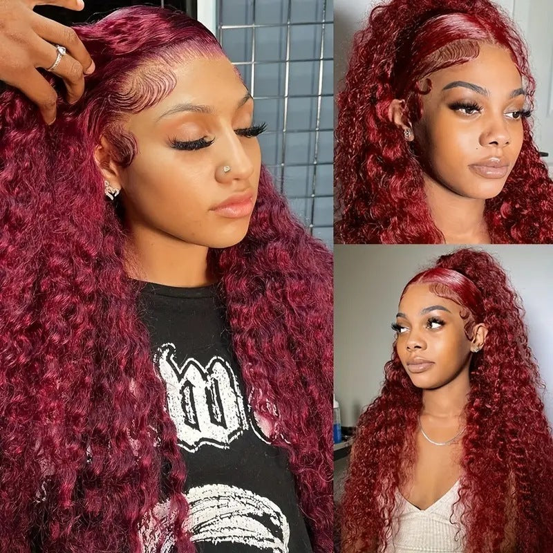 Women's Wine Red Afro Wig - Front Lace Small Roll Synthetic Hair Multiple Lengths