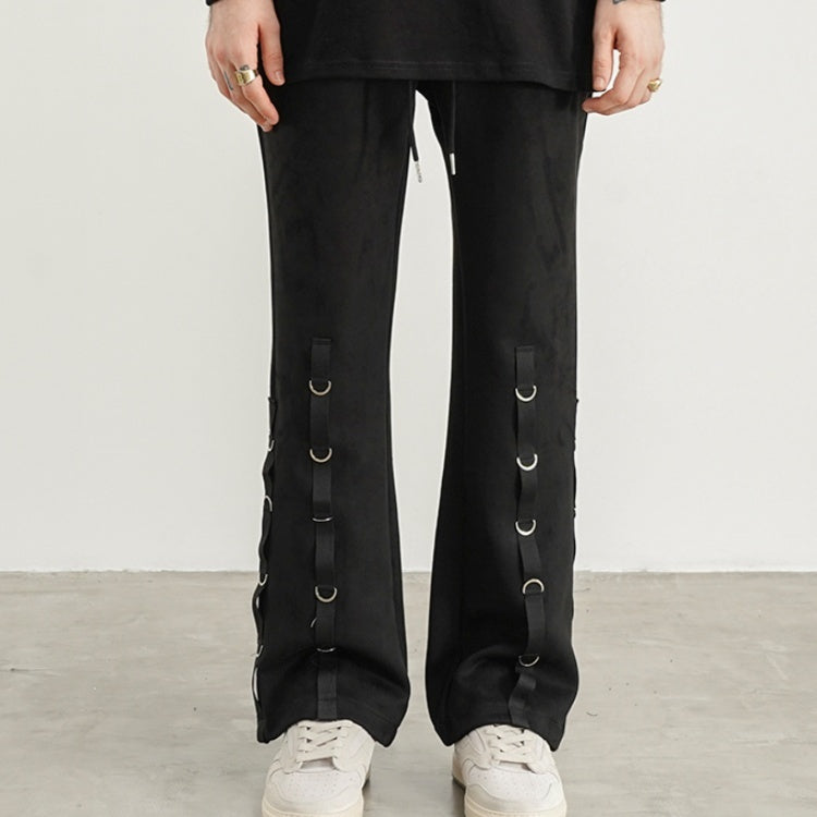 Suede Leather Hoop Embellished Micro-flared Trousers