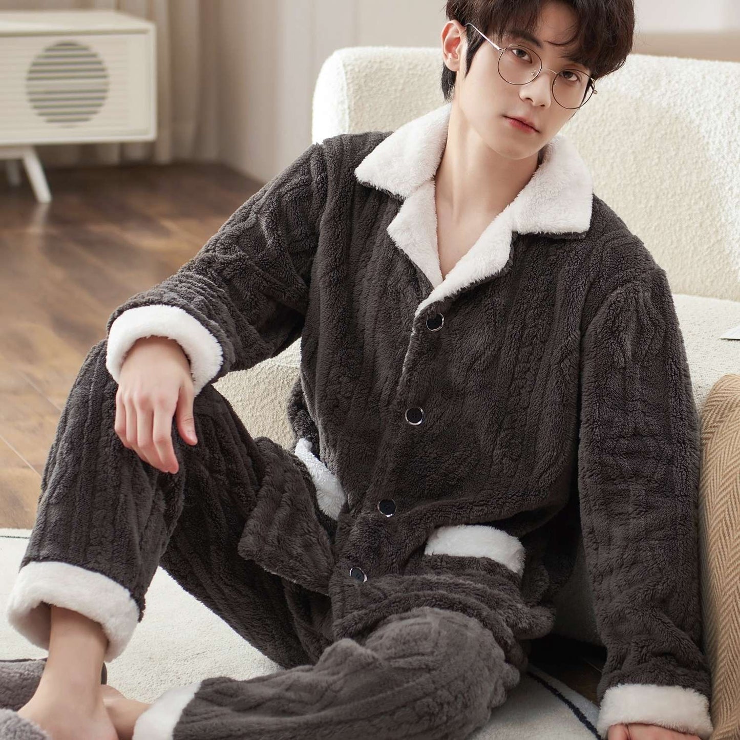Men's Fashionable Warm Thickened Facecloth Pajamas - Fashion Simple Winter Sleepwear