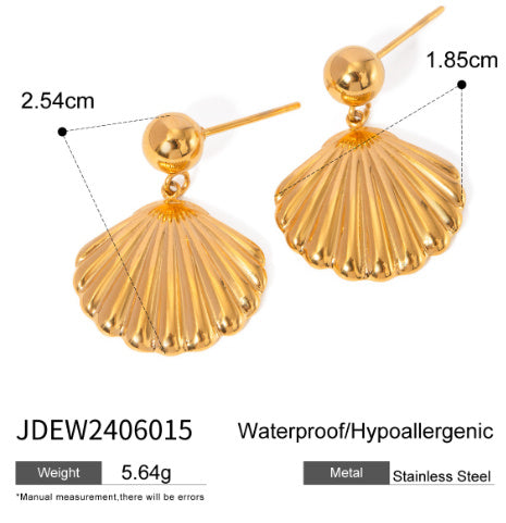 Gold shell-shaped earrings with measurements and product details on a white background