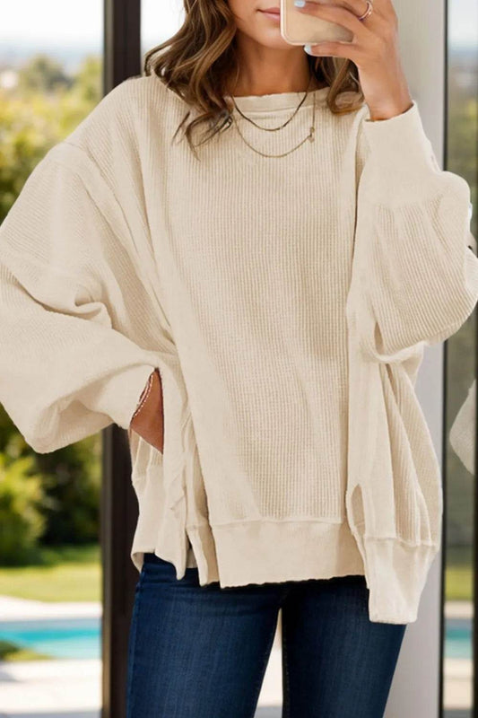 Slit Waffle-Knit Round Neck Long Sleeve Top - Millivan supplies