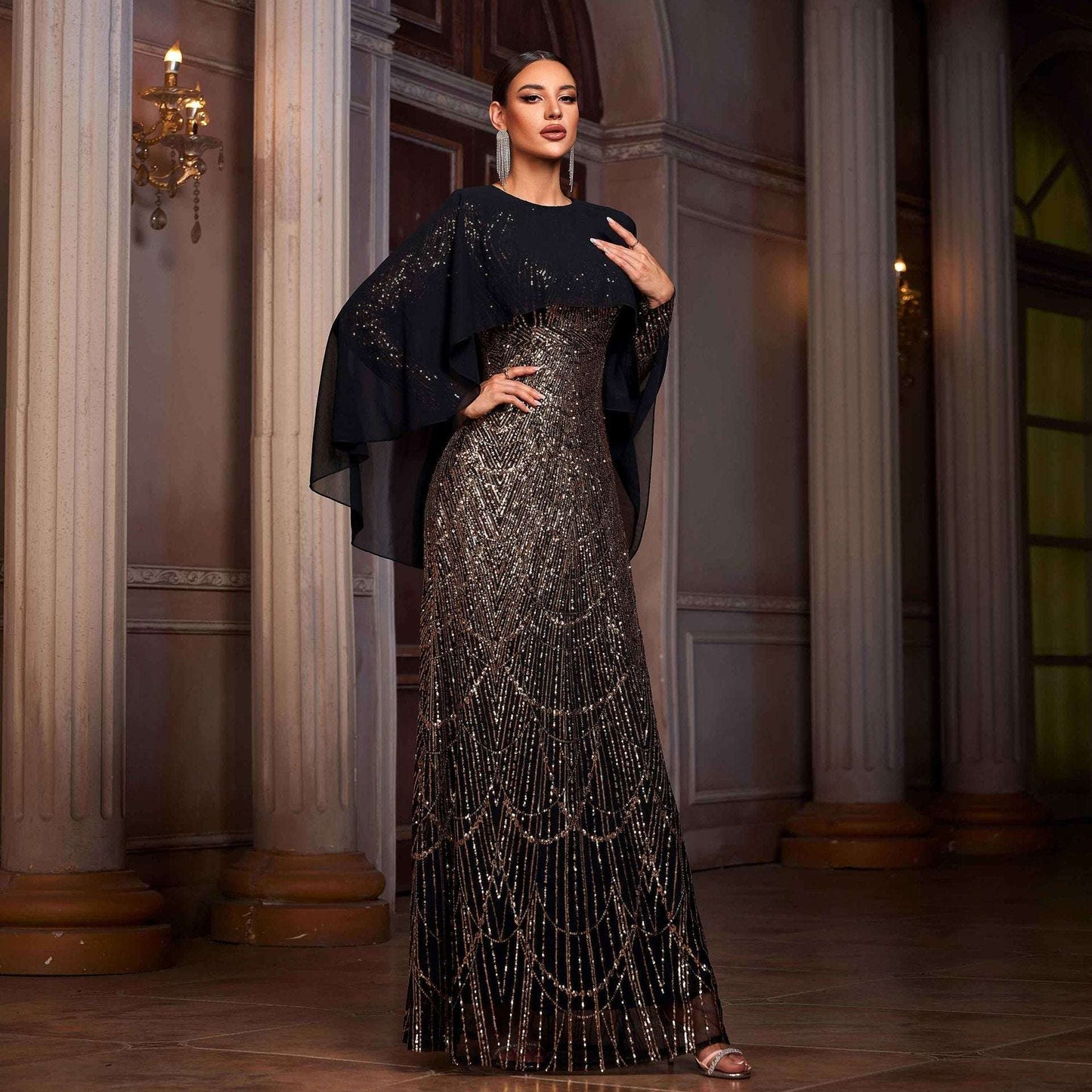 Women's Long-Sleeve Round-Neck Sequined High-Waist Maxi Evening Gown | Black Gold | S–XL