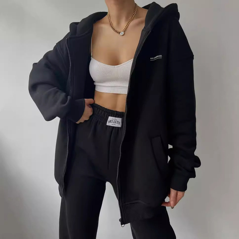 Women's Long Sleeve Fleece Pullover Trousers Fashion Printed Hooded Suits - Cozy Set