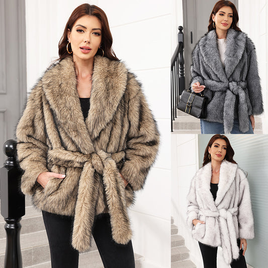 Women's Fur Mid-Length Coat with Belt - Adult Fashionable Winter Outerwear