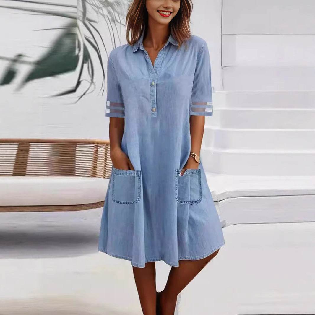 Mesh Stitching Solid Color Denim Short Sleeve Dress Dress - Millivan supplies