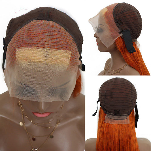 Orange wig with a clear visor on a mannequin head, showing front and side views.