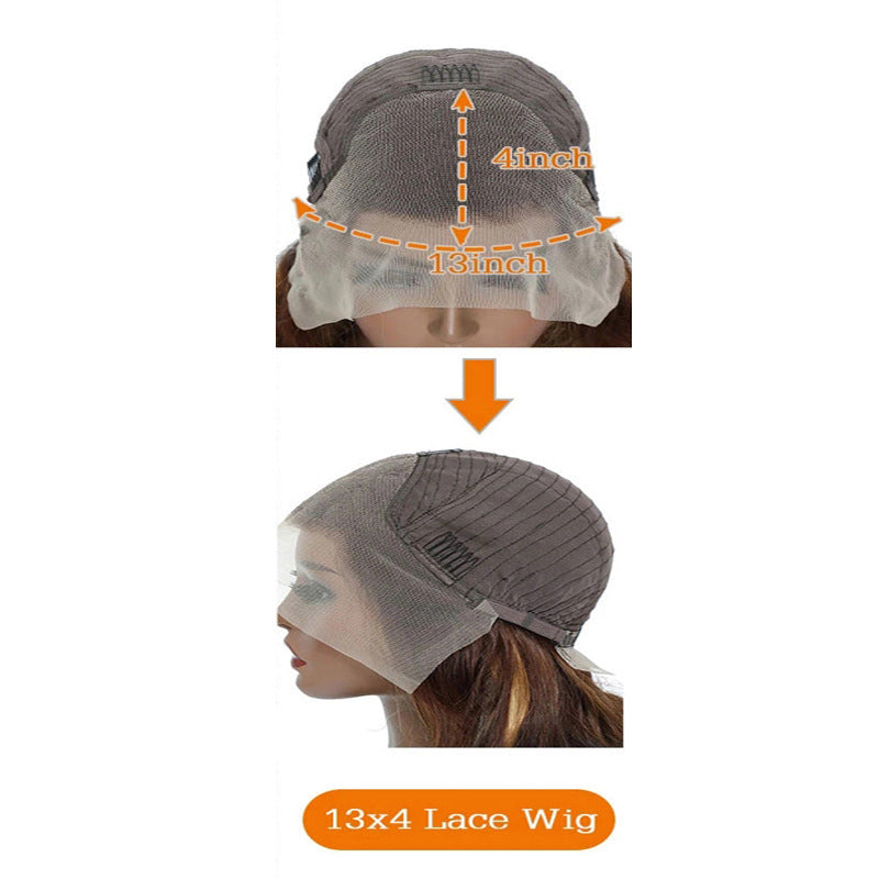 Lace wig with measurements and a 13x4 lace label on a white background