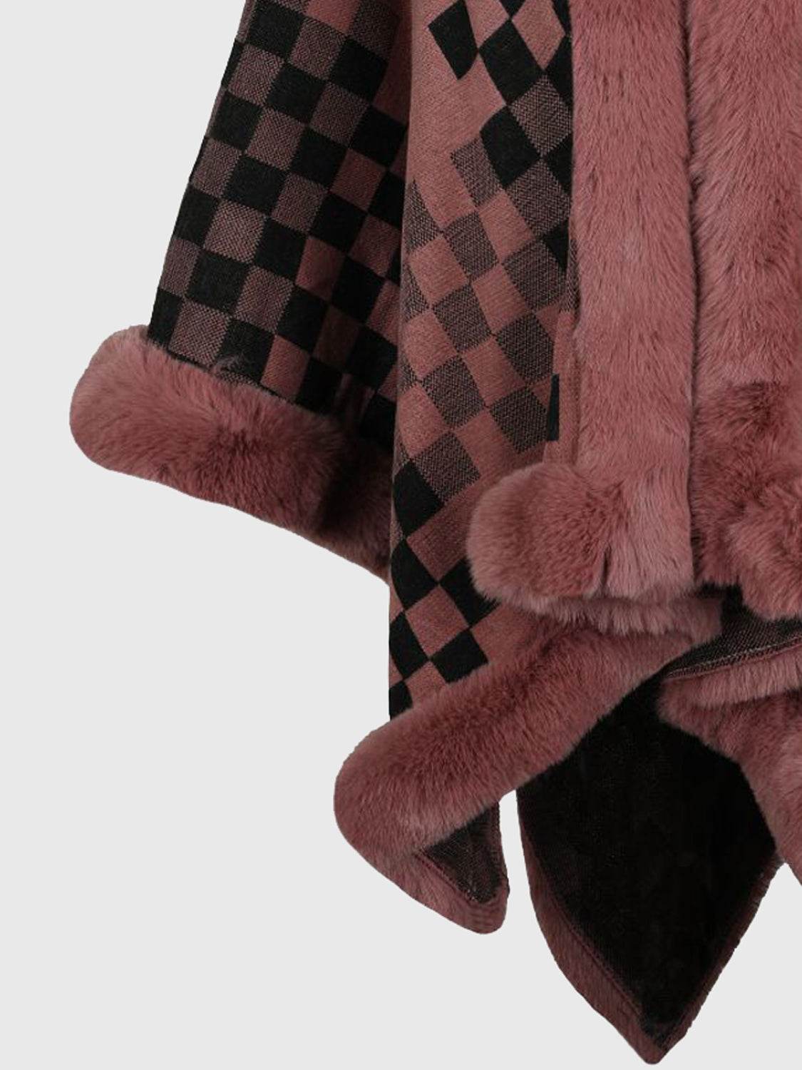 Checkered Faux Fur Trim Poncho - Millivan supplies