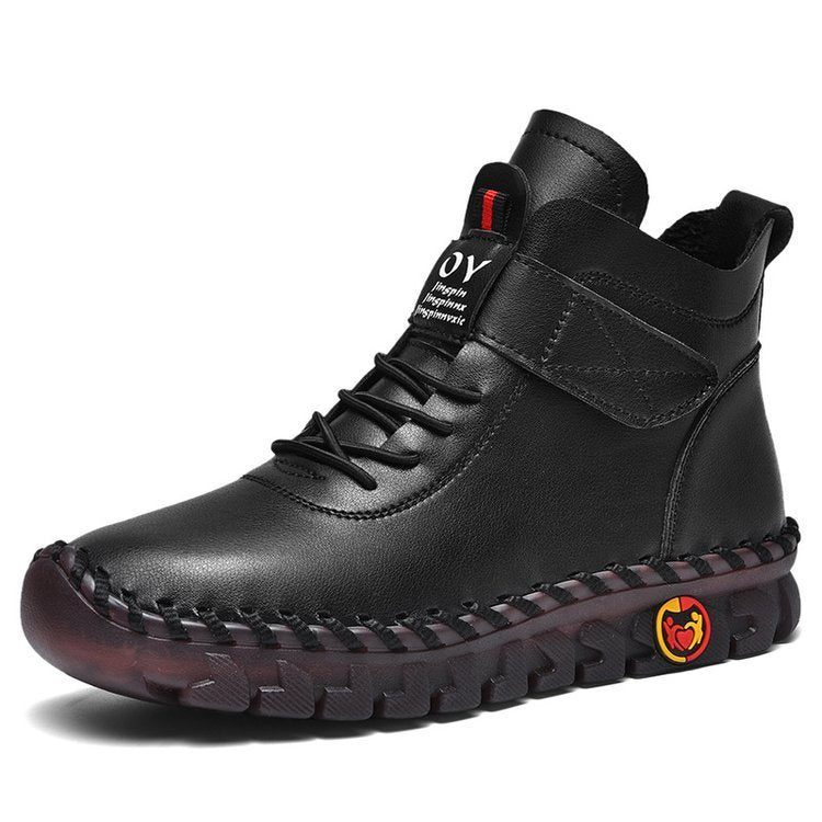 Black leather boot with brand logo on a white background