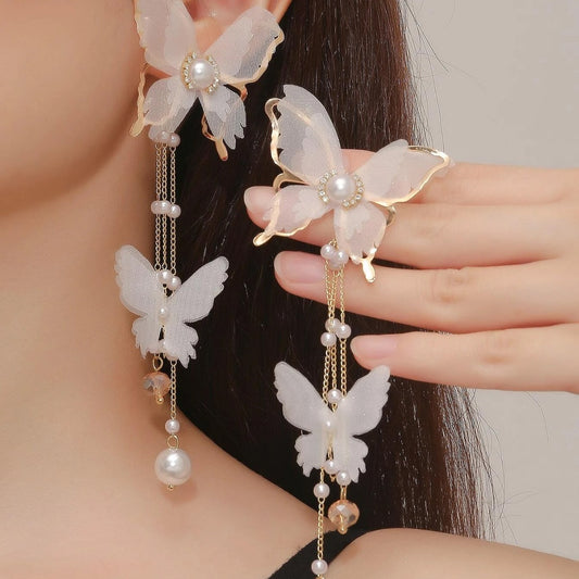 Women's Butterfly Tassel Lace Pearl Rhinestone Earrings - Adult Fashion Jewelry