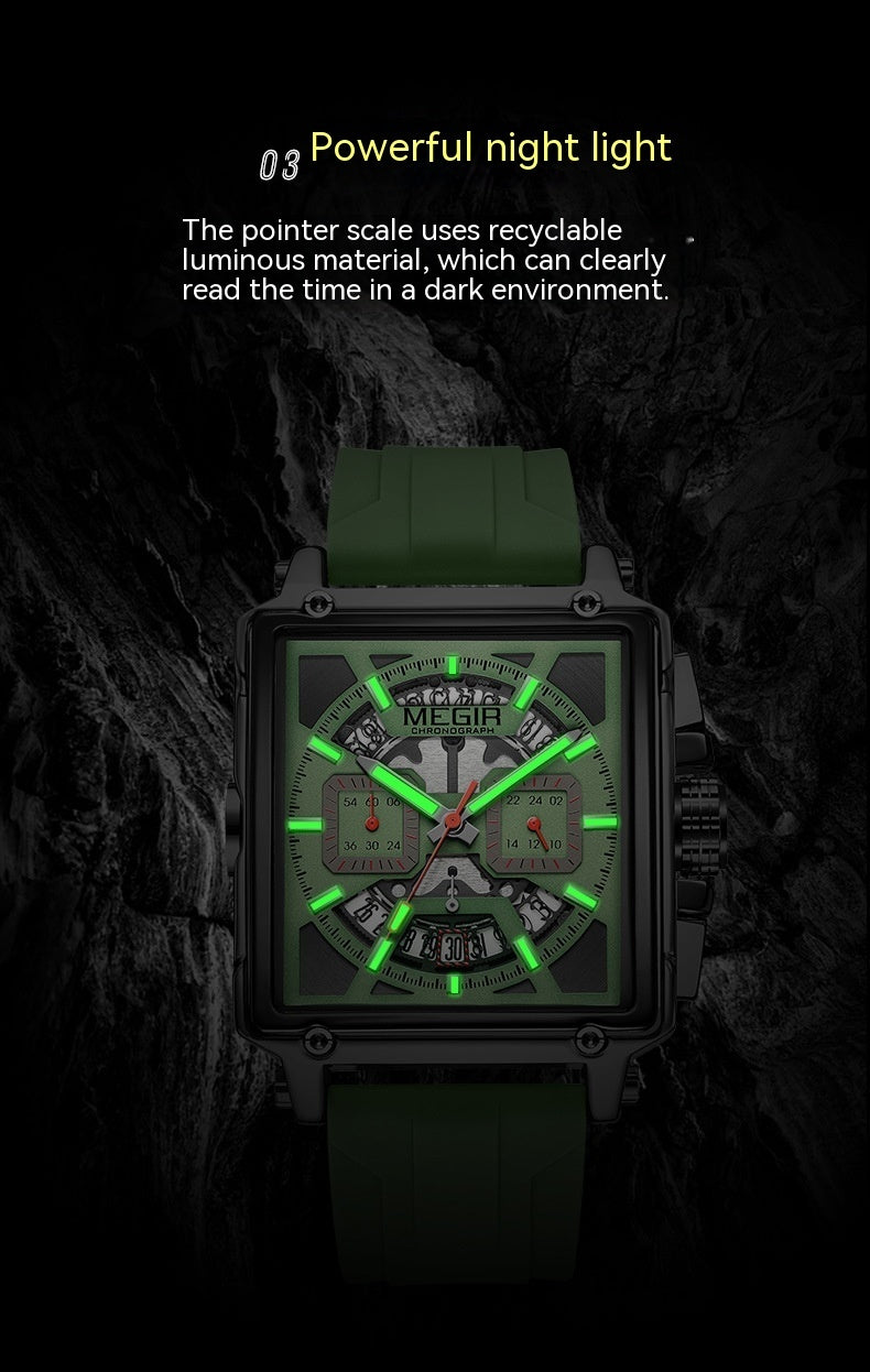 Men's Square Sports Quartz Watch - Waterproof Luminous