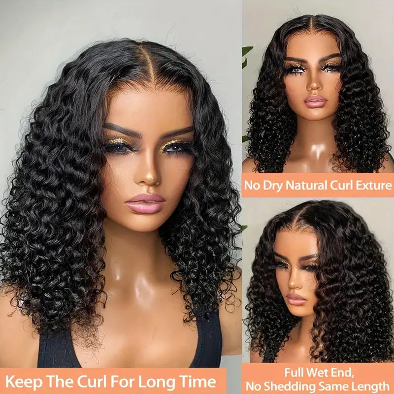 Women's Human Hair Front Lace BOB Wig - Black Water Wave Multiple Sizes