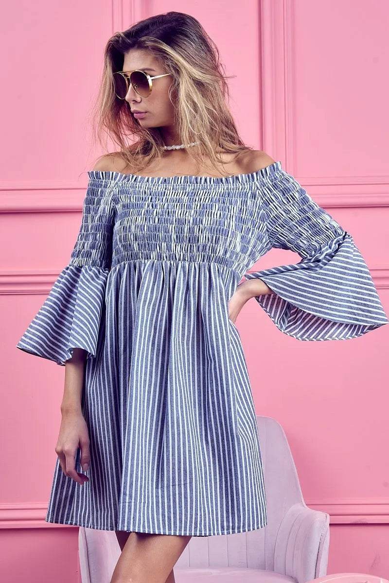 BiBi Smocked Off Shoulder Striped Dress - Millivan supplies