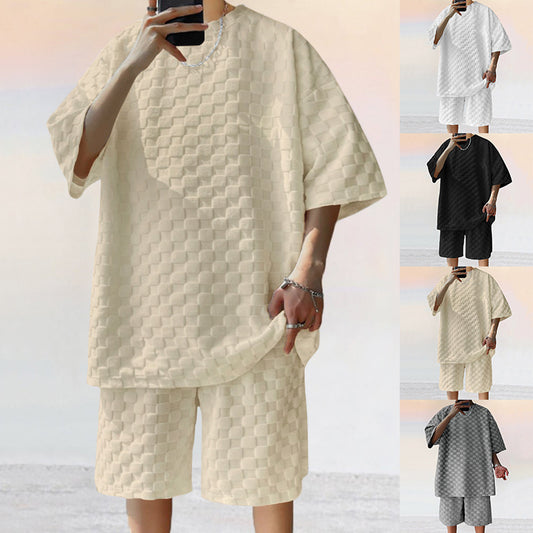 Beige textured outfit worn by a person with multiple views shown.