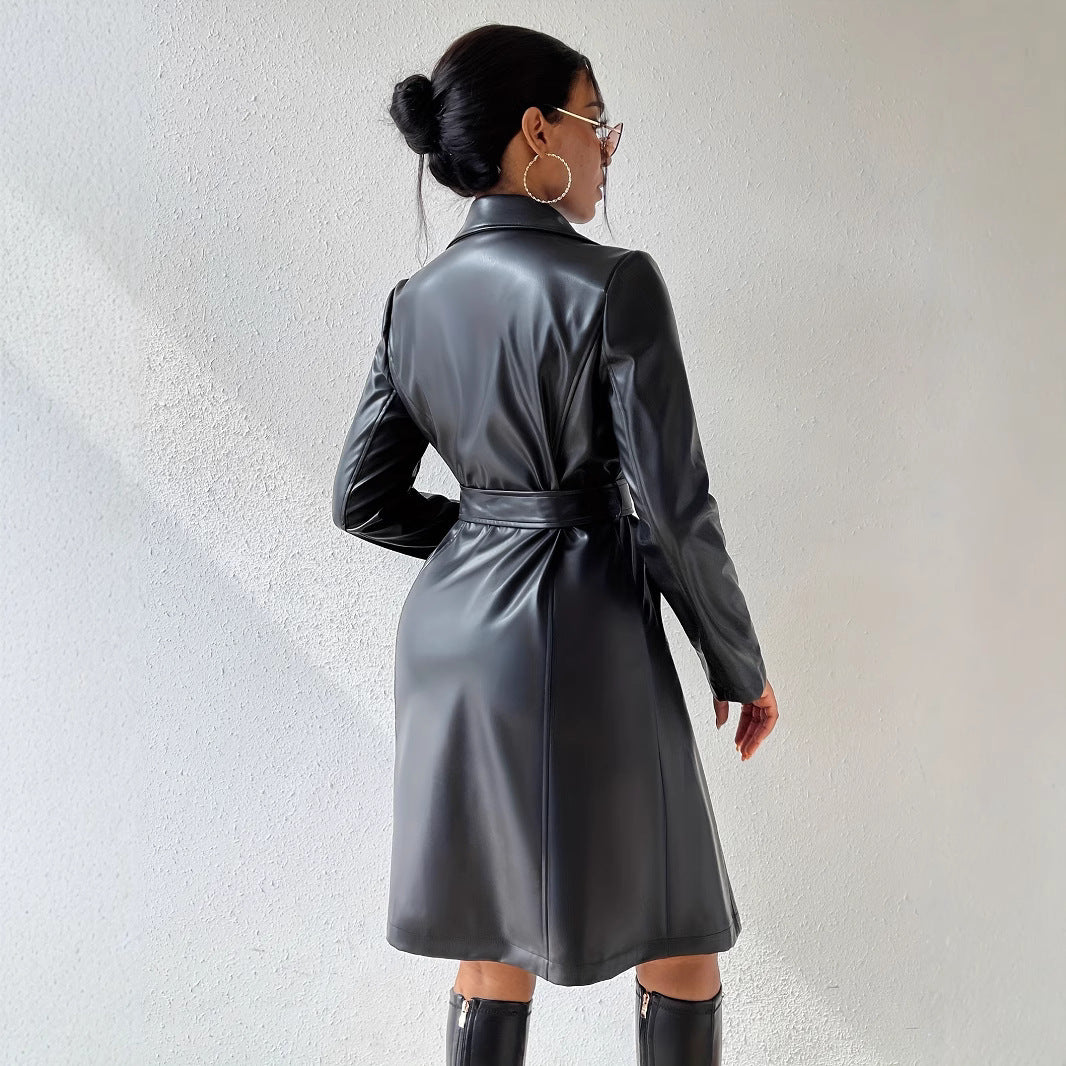 Luxurious PU Long Sleeve Women's Slim Fit Long Trench Coat