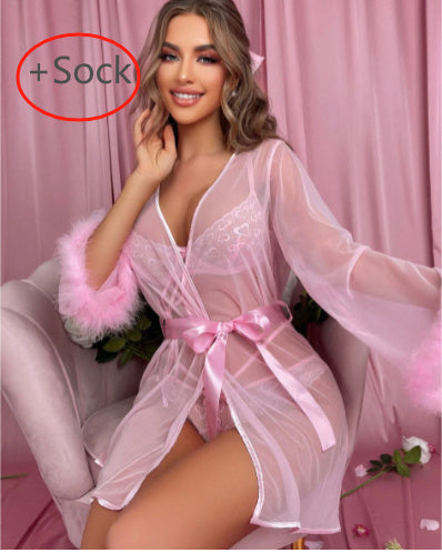 Women's Lightweight Mesh Nightdress - Breathable Sleep Dress with Wool Stitching