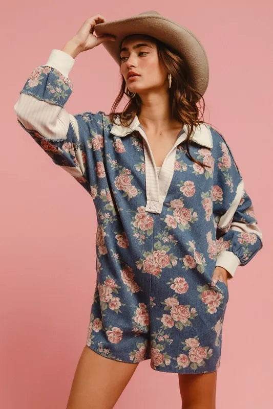 BiBi Washed Floral Denim Romper With Contrast Collar - Millivan supplies