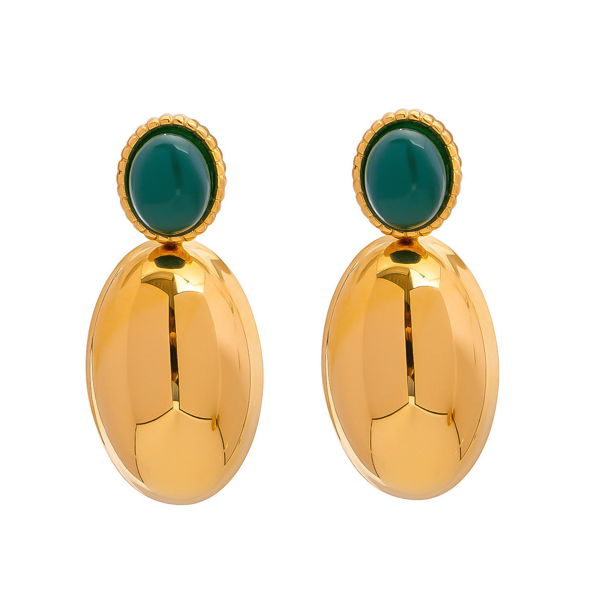 Stainless Steel Green Agate Oval Pendant Earrings