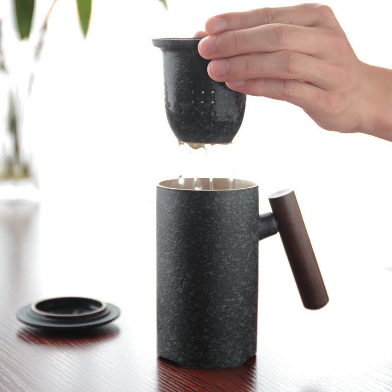 Japanese Ceramic Tea Mug - Wooden Handle Chinese Style