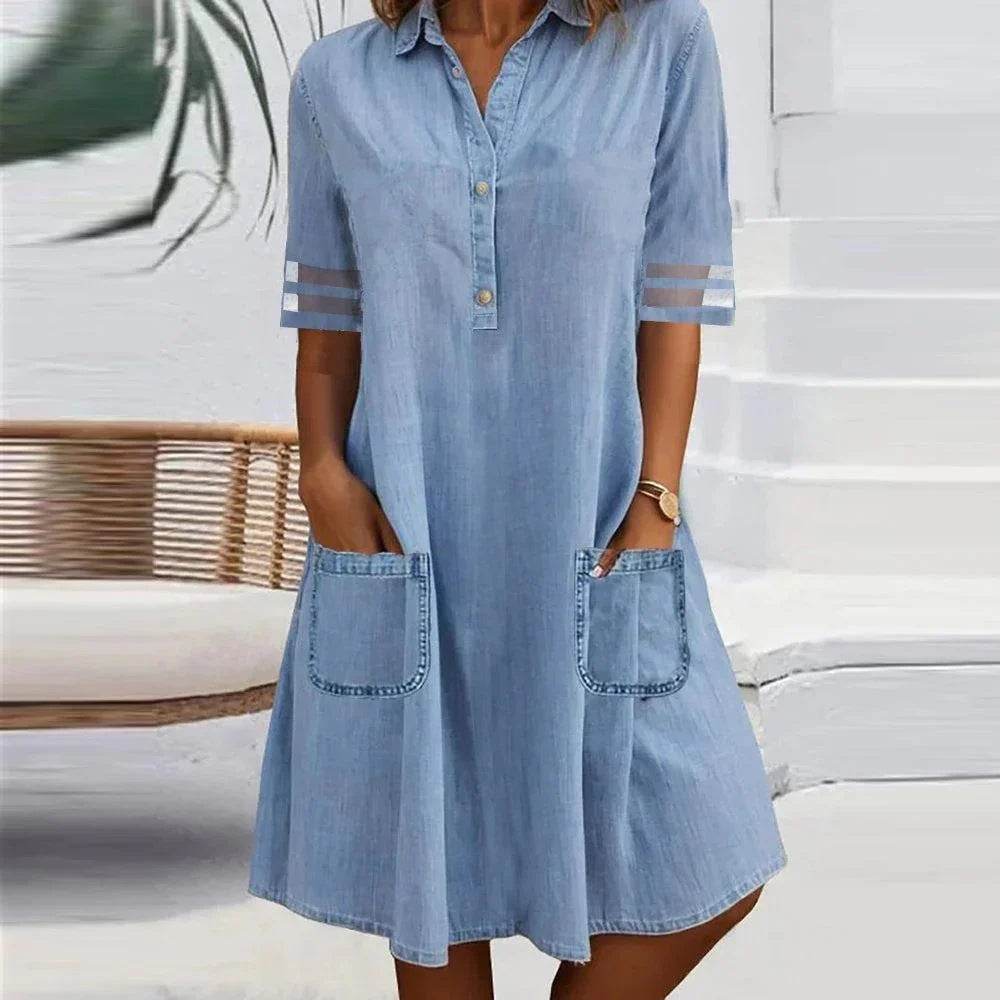 Mesh Stitching Solid Color Denim Short Sleeve Dress Dress - Millivan supplies