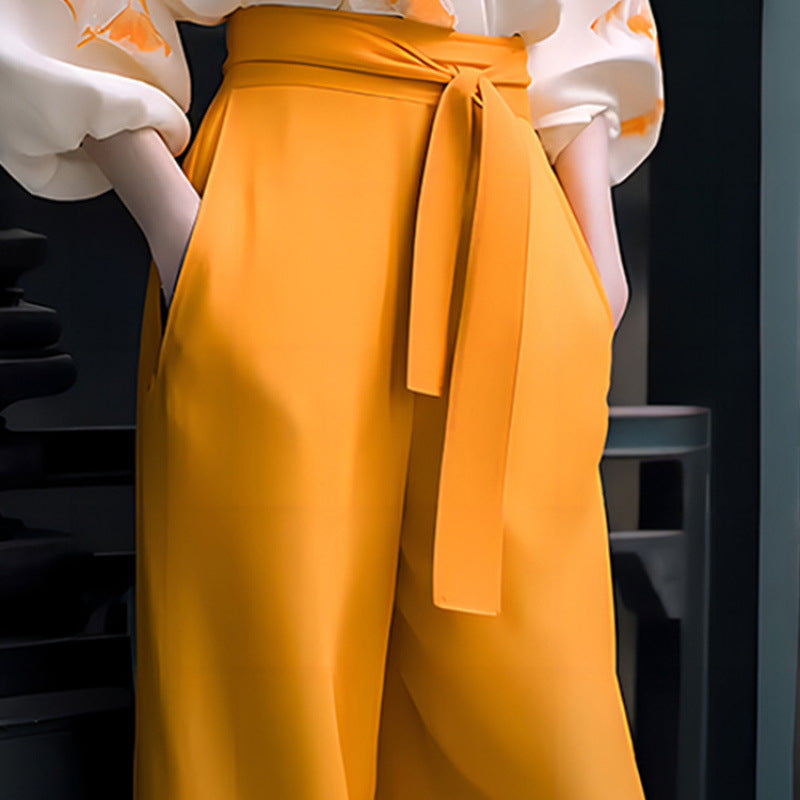 Women's Retro Two-Piece Set - Adult Slimming Shirt & Wide-Leg Pants Suit
