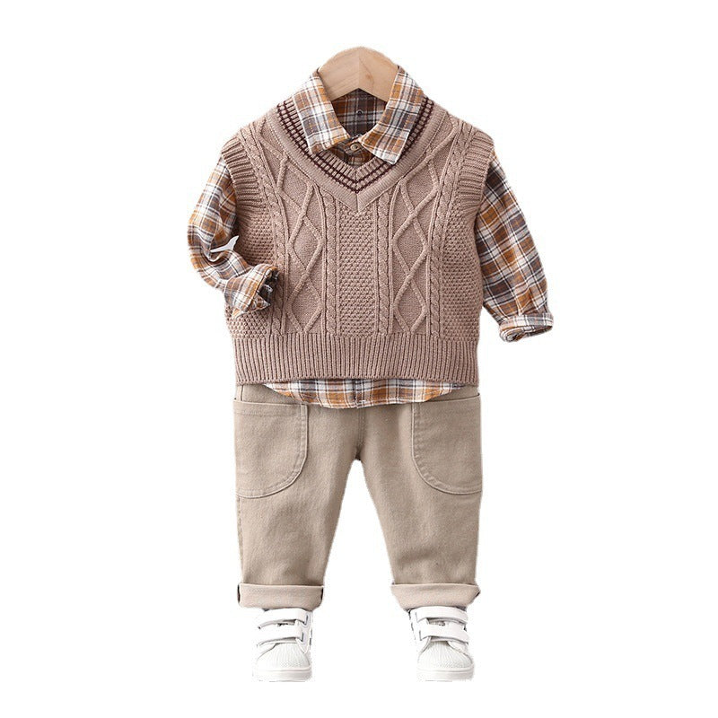 Boys' Fashion Sweater Vest Three-Piece Set - Children's Personality Outfit