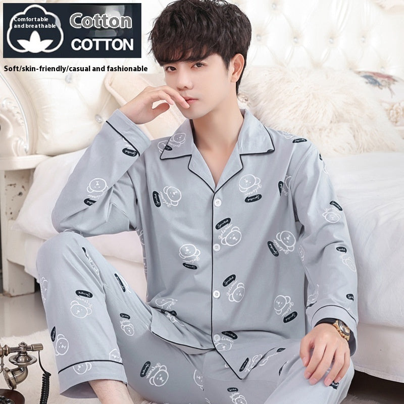 Men's Cotton Pajama Suit - Adult Autumn Winter Long-Sleeve Home Wear