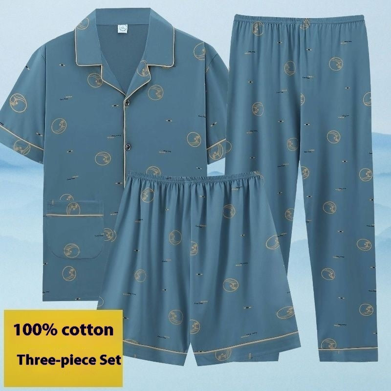 Men's Summer Cotton Pajamas - Adult Three-Piece Short Sleeve Set