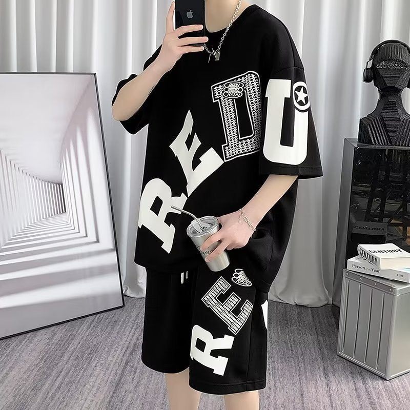 Men's Fashion Casual Printing Short-sleeved Shorts Suit - Cotton Leisure Set