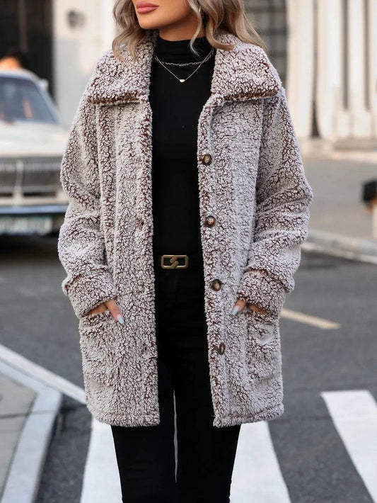 Pocketed Collared Neck Long Sleeve Plush Jacket - Millivan supplies