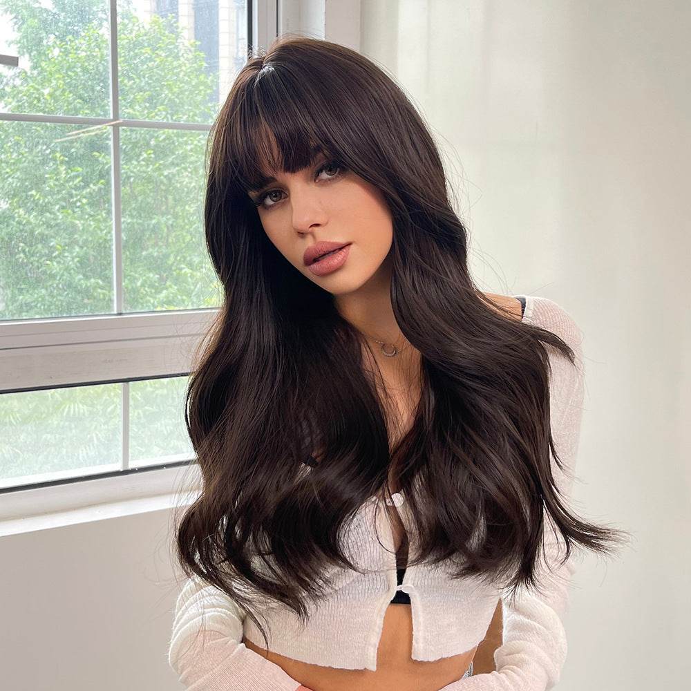Long Brown Wigs With Bangs Wave Synthetic For Women - Millivan supplies