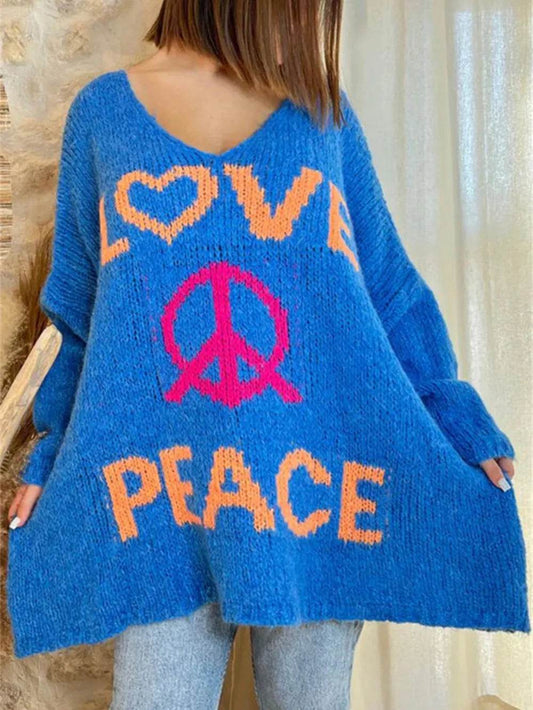 Peace Graphic V-Neck Long Sleeve Sweater - Millivan supplies