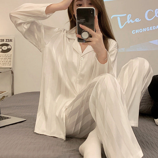 Women's Ice Silk Pajama Set - Adult Long Sleeve Home Sleepwear