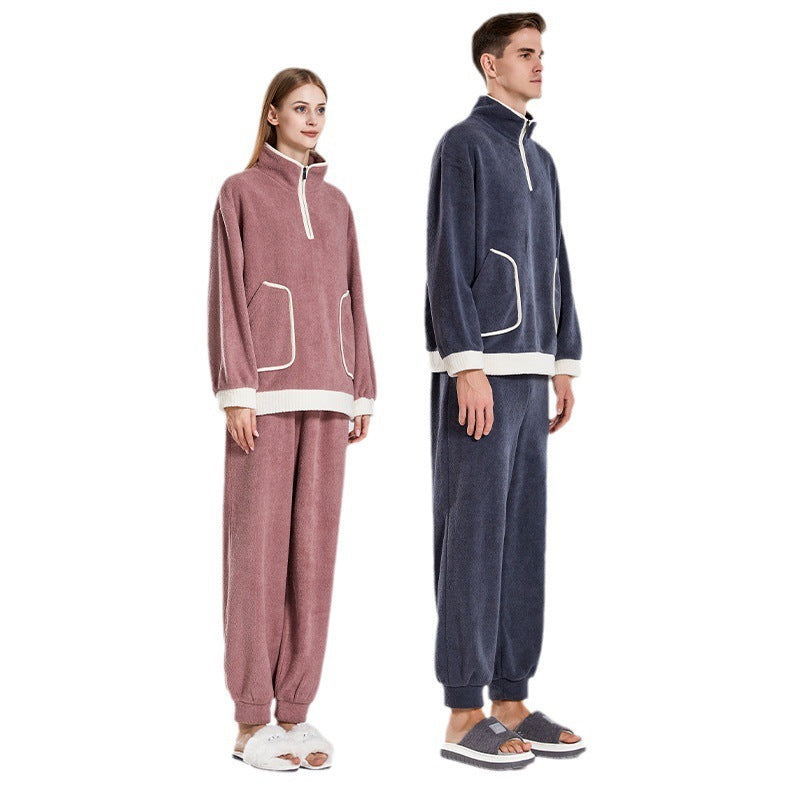 Fashionable Simple Waxberry Velvet Warm Outerwear Couple Pajamas - Matching Set