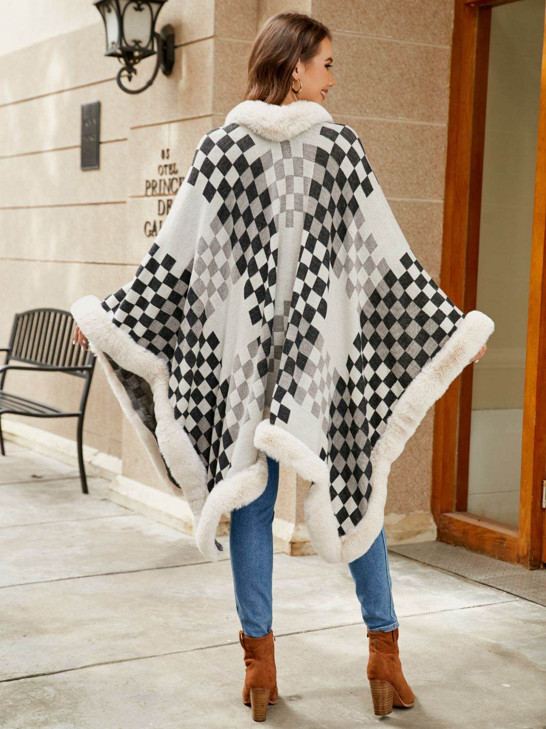 Checkered Faux Fur Trim Poncho - Millivan supplies