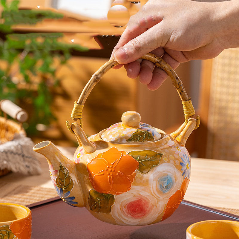Elegant Lifting Handle Household Ceramic Underglaze Teapot Suit Hand Painted Good-looking Retro Water Glass - Orange