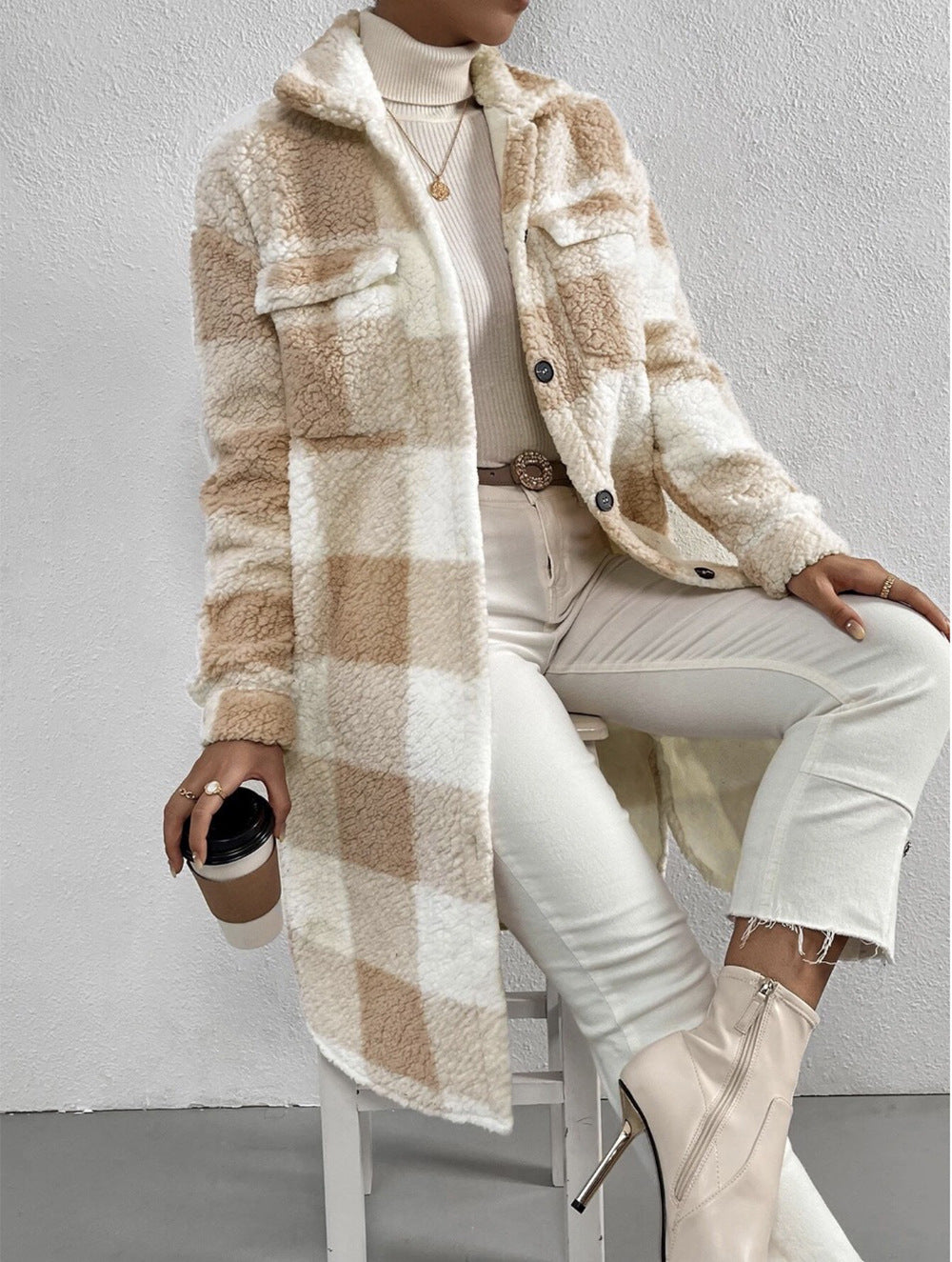Button Lapel Plush Plaid Coat Loose - Women's Checkered Polyester Jacket 80cm