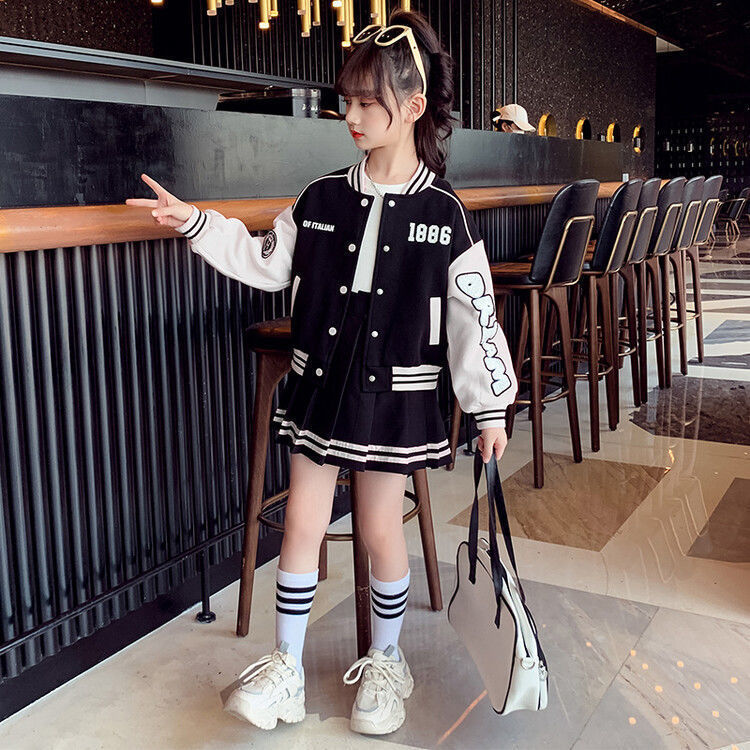 Children's Baseball Jacket, College Style, Pleated Skirt, Two-piece Set